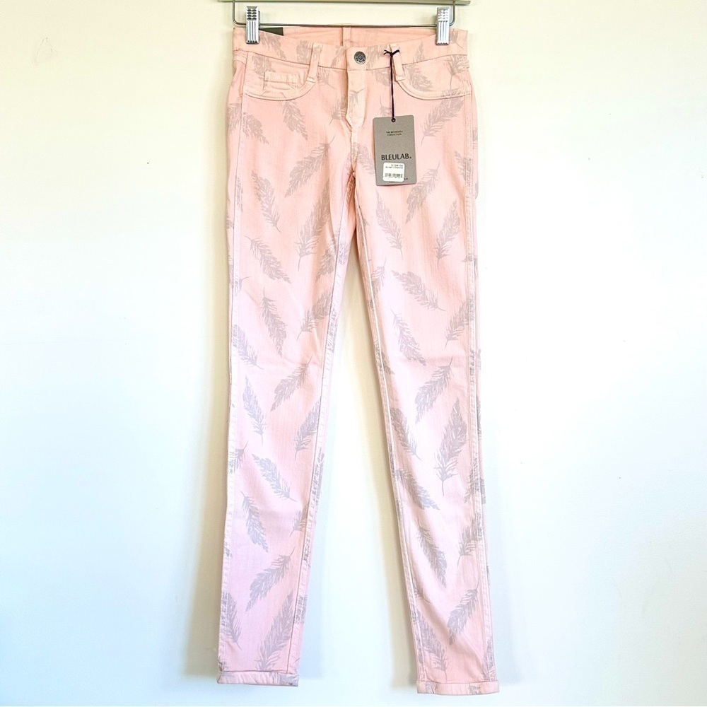 Bleu Lab 8 Pocket Pink Silver Feather Reversible Skinny Jeans Size 24 NWT $239